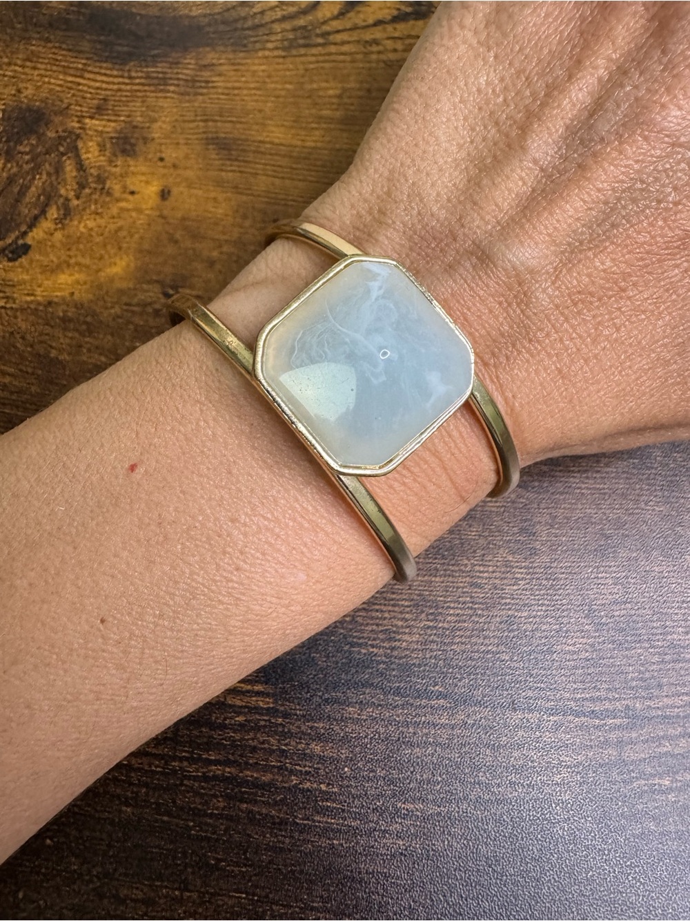 Gold Cuff Bracelet with Pale Grey/Blue Acrylic Stone